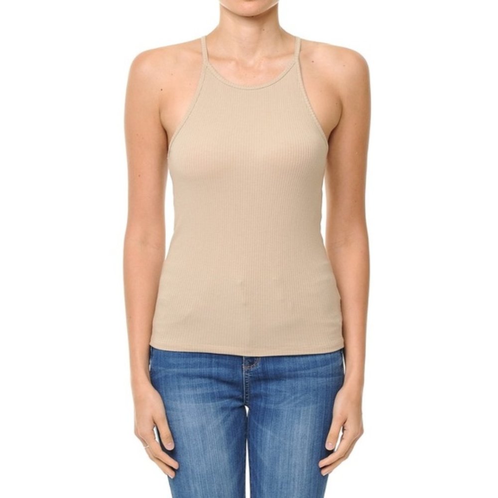 Beige ribbed high square neck racerback tank top